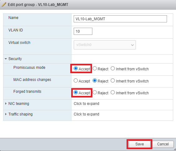 Aruba AOS8 Mobility Conductor ESXi VM network security settings, promiscuous mode, forged transmits