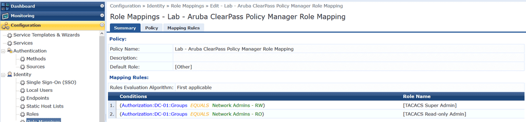 ClearPass Admin AD Role Mappings