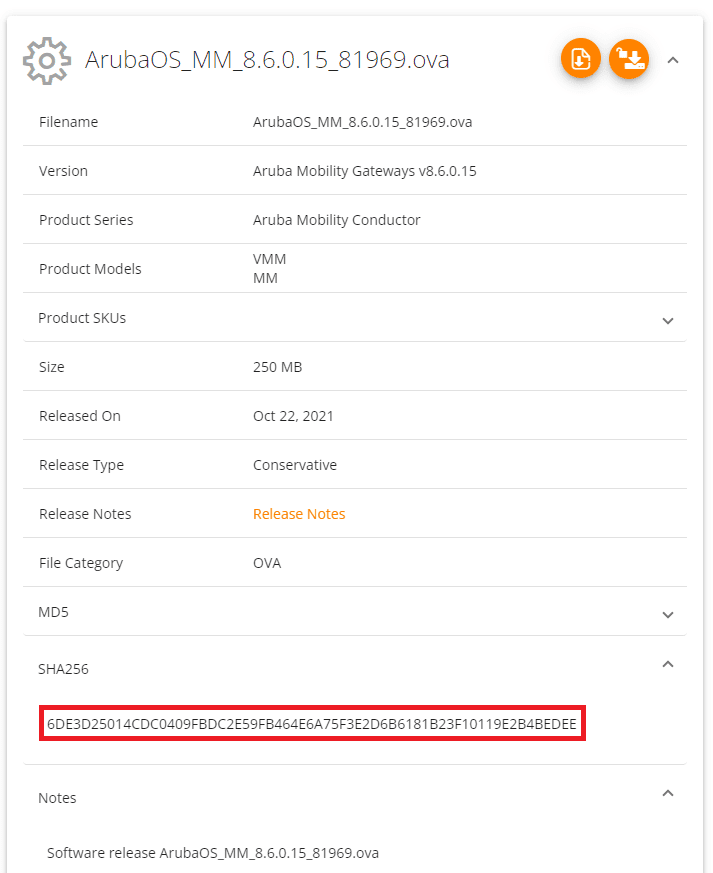 Aruba Support Portal AOS8 VM OVA SHA256 value