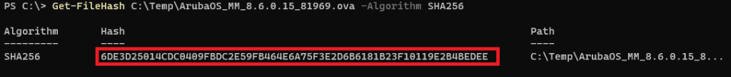 Powershell command to verify the SHA256 hash of Aruba Mobility Controller OVA file