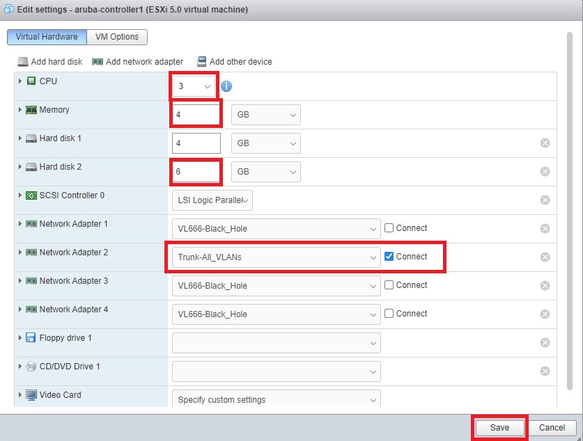 Aruba Mobility Controller VM settings