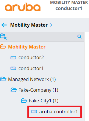 Showing Aruba Mobility Controller in Mobility Conductor Managed Network Structure