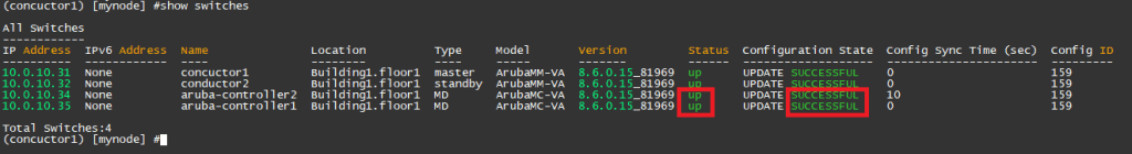Aruba Controller cluster show switches command